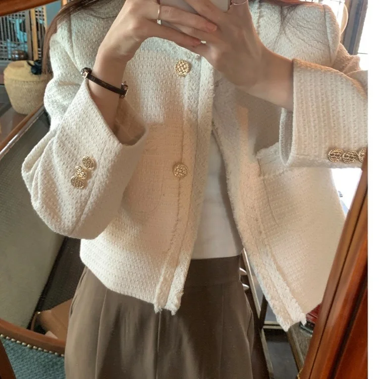 Korean Style Ins Tassel Short Coat Women's round Neck Golden Button Thick Tweed Gentle Personality Open Cardigan Top