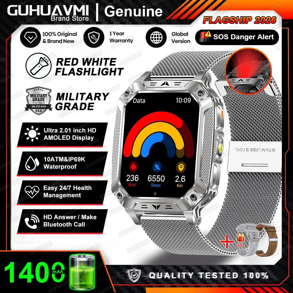 2026 Nieuwe Ingebouwde 1400mAh Supergrote Batterij Heren Smartwatch Outdoor GPS 2.01" AMOLED Scherm 10ATM Waterdicht BT Oproep Smartwatch