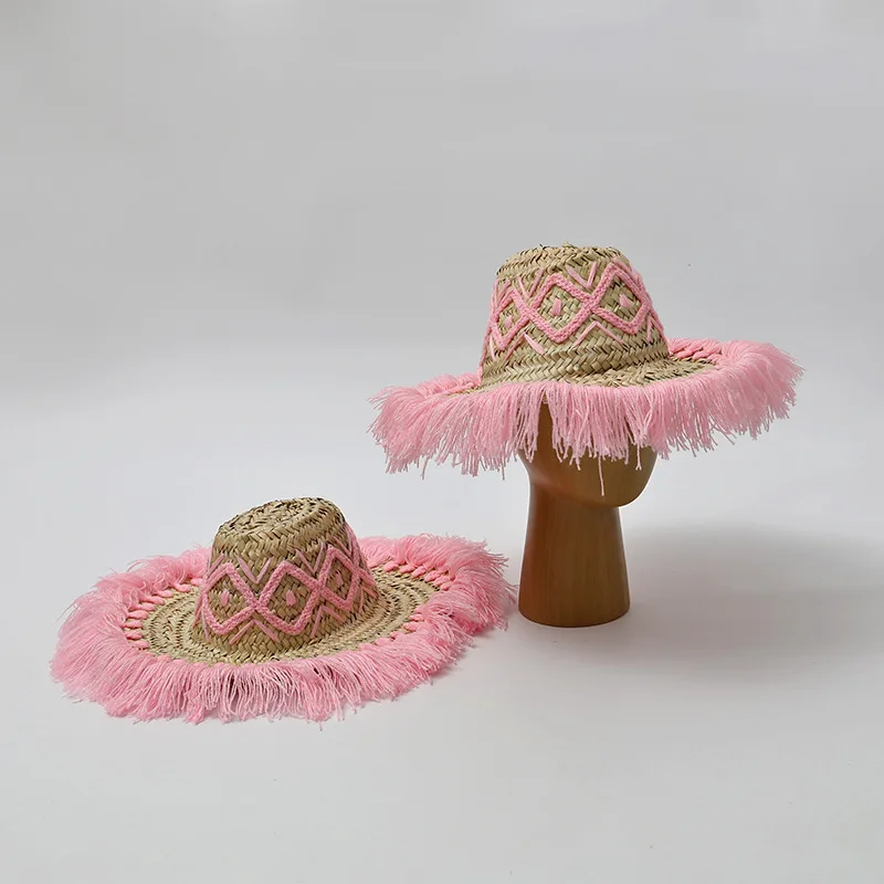 Pink Moroccan High End Hand Woven Shading Straw Hat European American Travel Outings Fashionable Fringed Beach Hat
