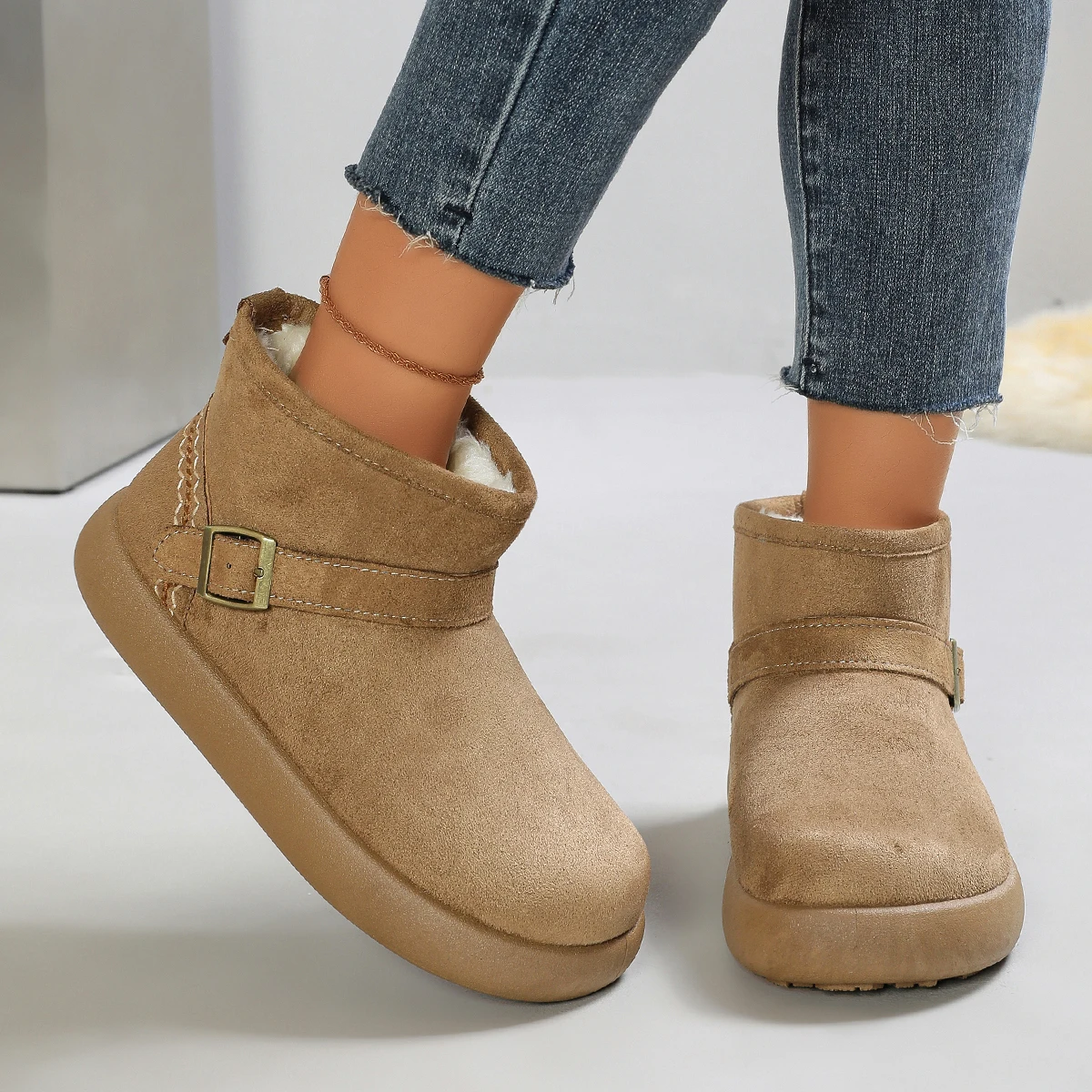 Women's Thick Sole Ankle Snow Boots, Buckle Strap Decor, Faux Suede Warm Furry Lining Winter Boots