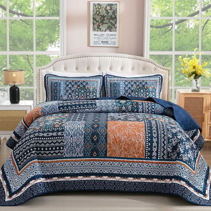 

Navy Blue Quilt Set Queen Size,Bohemian Patchwork Bedspread Coverlet Set, Reversible Farmhouse Floral Pattern Bedspreads Bedding
