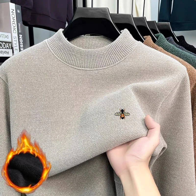高品質定番メンズミツバチ精緻刺繍ニットセーター秋冬新作ビロード保温快適長袖