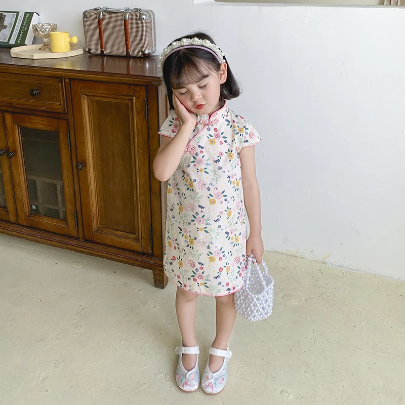 Girls\' dress summer dress new Chinese style cheongsam floral foreign style princess dress summer 2024 new  Chinoiserie