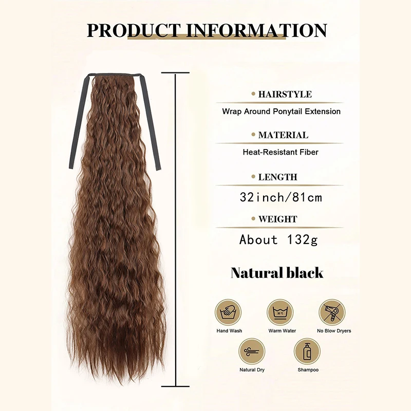 32 Inch Corn Curly Wavy Ponytail Hair Extensions Long Curly Wave Wrap Around Ponytail Synthetic Hairpiece for Women Daily Use