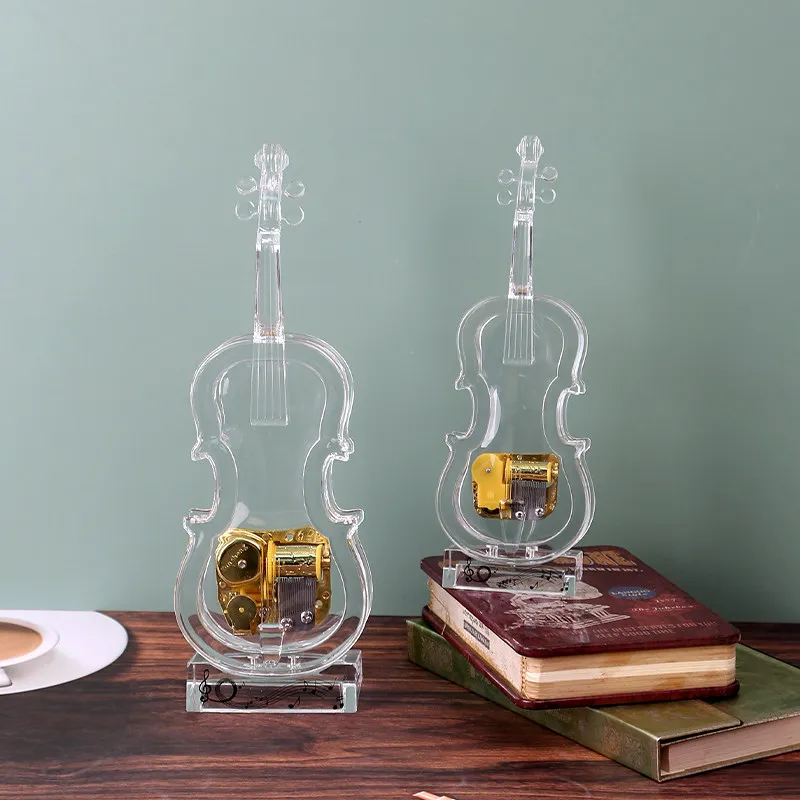 Transparent Violin Octave Box Creative Clockwork Music Box Birthday Lighting Desktop Ornament Gift