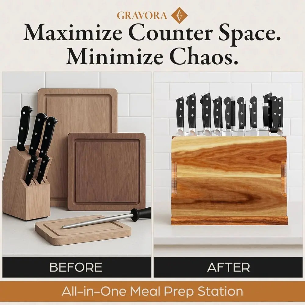 แท่นวางมีดแม่เหล็กไม้สองด้าน พร้อมเขียงไม้กระถินเทศขนาด 14x10 นิ้ว และที่ลับมีด