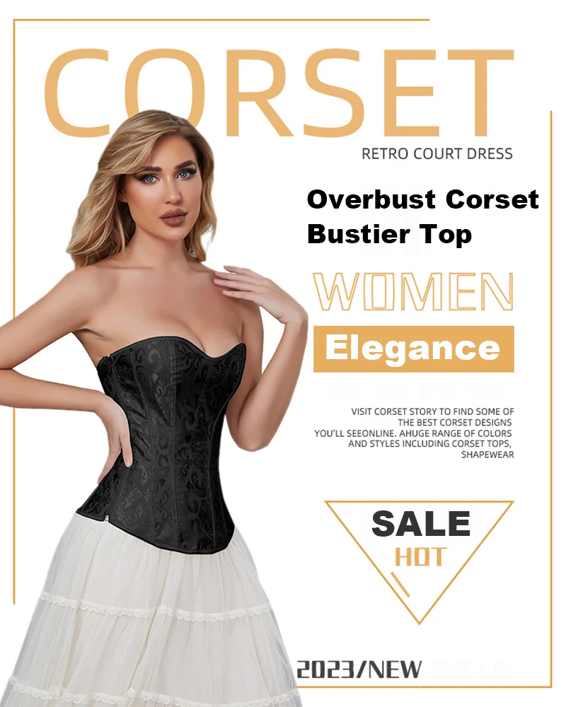 Women Corset Tops Black Overbust Corset Plus Size Floral Jacquard Corset Zipper Top Gothic Steampunk Corset Bustier Shapewear