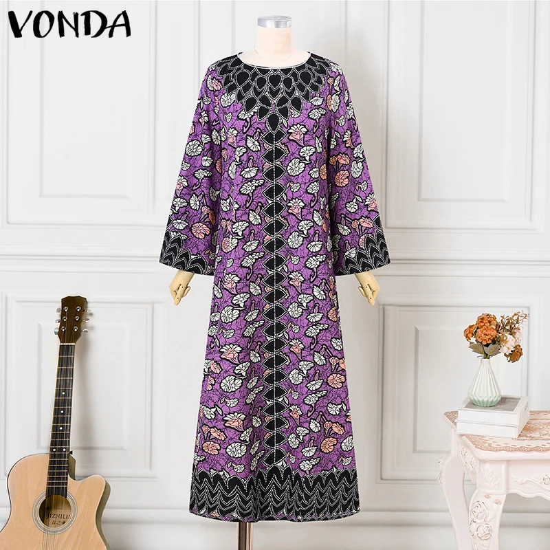 Vestido Boêmio Plus Size VONDA 2026 Verão Elegante para Mulheres Vestido de Impressão Vintage com Manga Longa Maxi Vestidos O-Colete