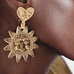 2024 New ZAA Vintage Metal Sun Flower Drop Earrings for Women Retro Indian Jewelry Holiday Party Accessories