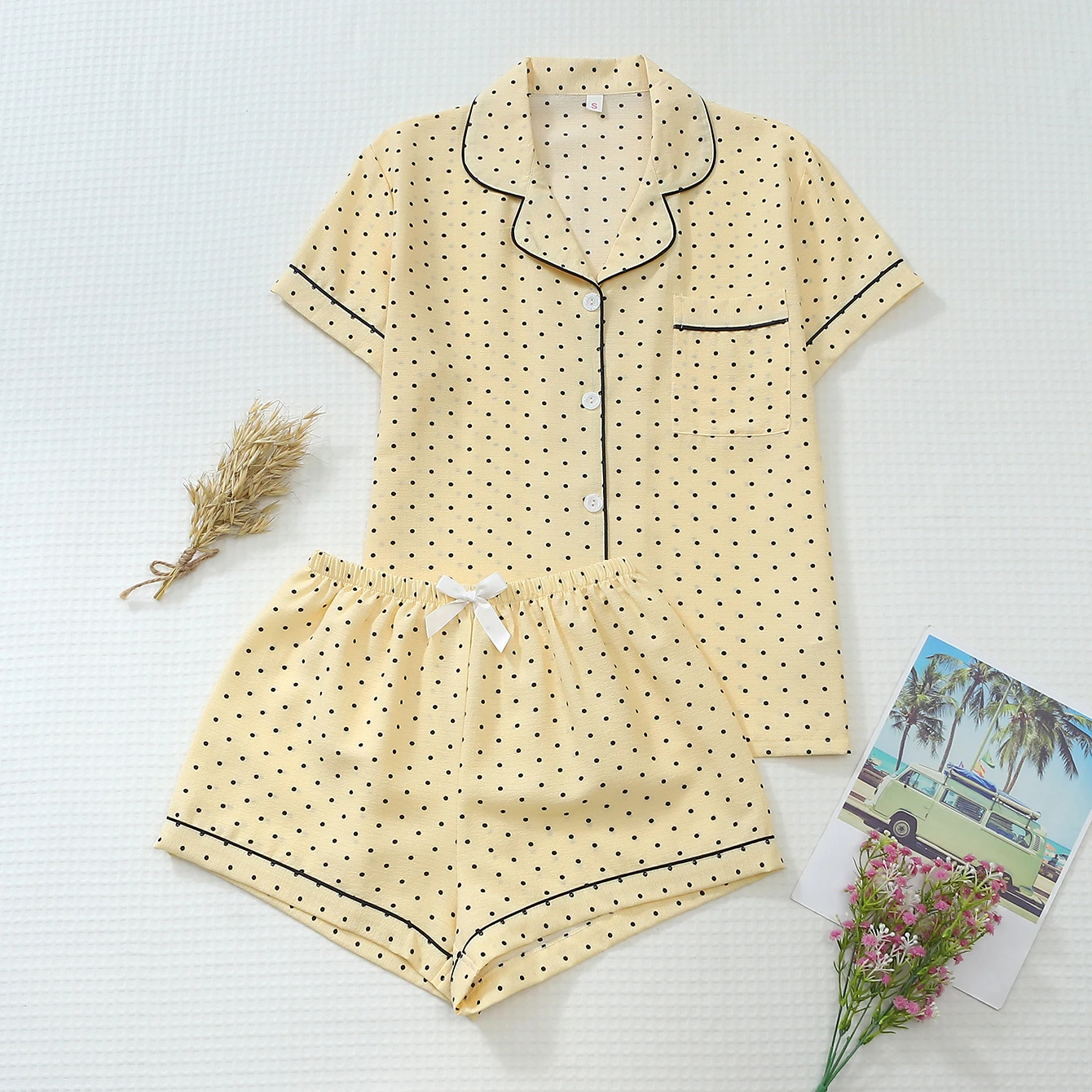Two-Piece Set: Comfortable Light Yellow Base with Mini Black Dot Print, Button-Down Short-Sleeve Top with Pockets and Bow Shorts, Spring/Summer Women's Pajama Loungewear Set Suitable for Home Use