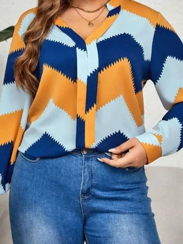 

Contrast Color Long Sleeve V-Neck Shirt Top Women plus Size Cleanfit Style Mid-Length A-Line Sleeve Thickened Winter Wear