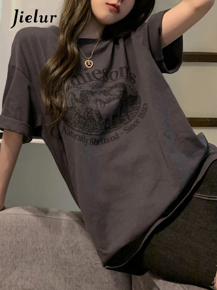 Jielur Letter Print Female T-shirt Summer Fashion Loose T Shirts Women Short Sleeve Cool Young BF Harajuku Top Dark Grey