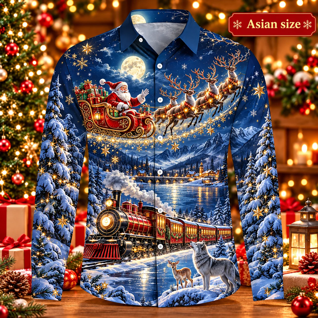 3D Christmas Santa Reindeer Long Sleeve Shirt Men Snow Train Mountain Night Holiday Party Xmas SHIRTS Winter Fashion