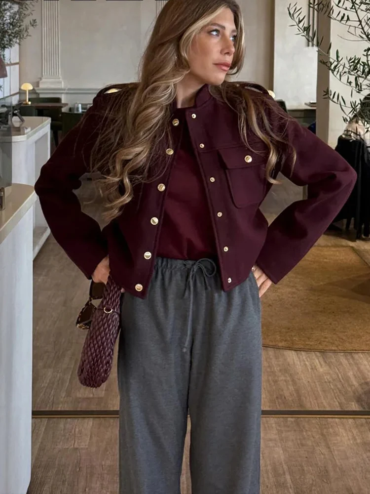 HH Winter Women\'s Fashion Burgundy Street Jacket Retro O-neck Long-sleeved Pocket Single-breasted Casual Jacket For Women