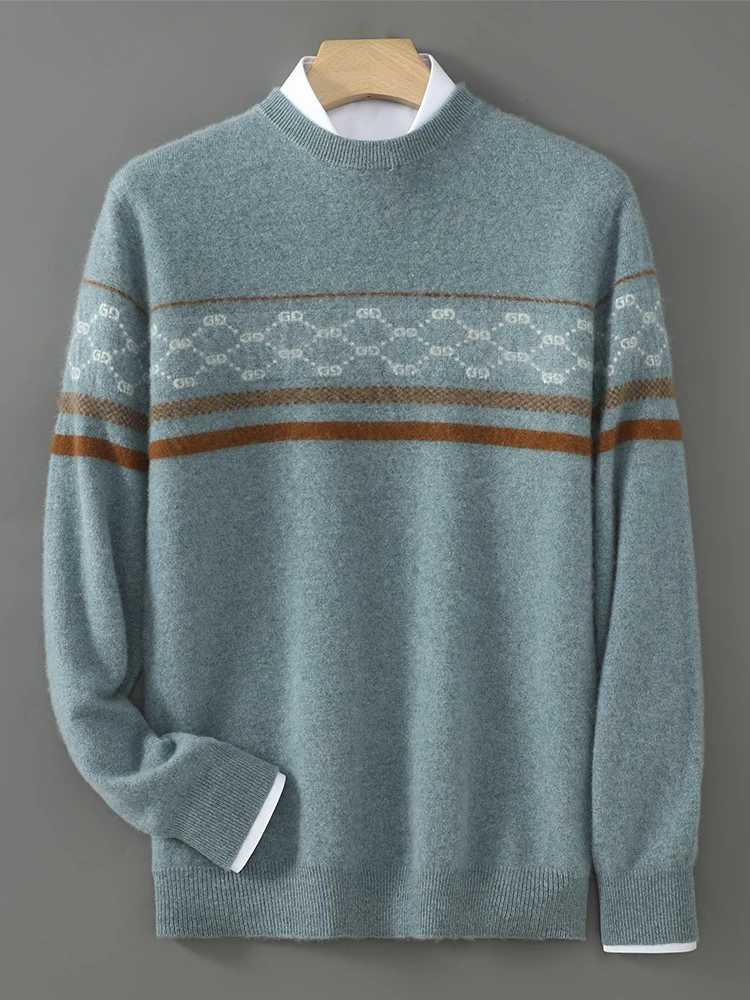 New Men 100% Merino Wool Knitted O-neck Sweater Color Blocking Geometry Stripe Pullover Autumn Winter Cashmere Clothing