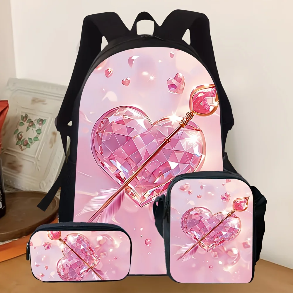 3pcs [2D Flat] Backpack Set, Pink Heart Diamond Arrow Print School Backpack with Pencil Case & Crossbody Bag for Teenage Girls,