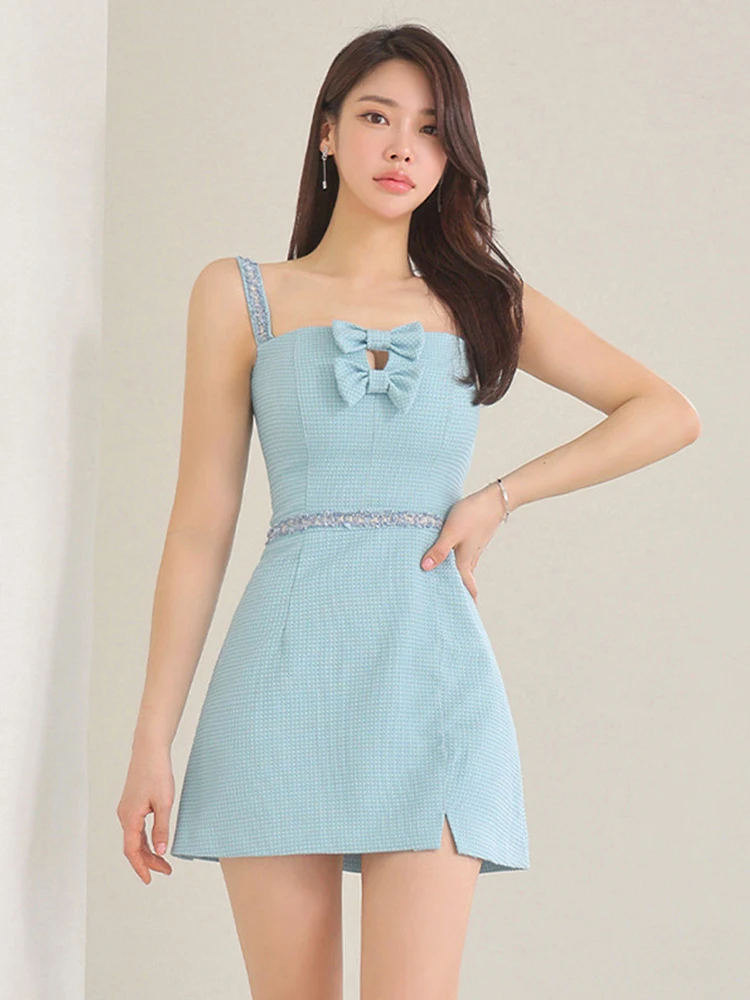 

Fashion Sexy Evening Dresses for Women Sweet Chic BlueHollow Cut Out Bow Strap Slip Mini Gown Birthday Party Prom Mujer Vestidos