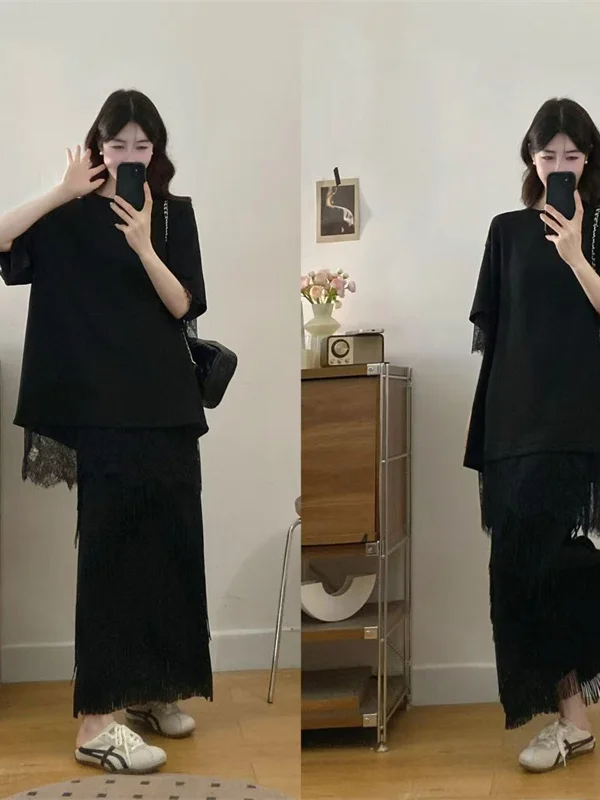 

Summer Lace Splice Split Loose Fashion Top Half Skirt Two Piece Set plus Size MM Trendy Commute Style Short Sleeve Midi Dress