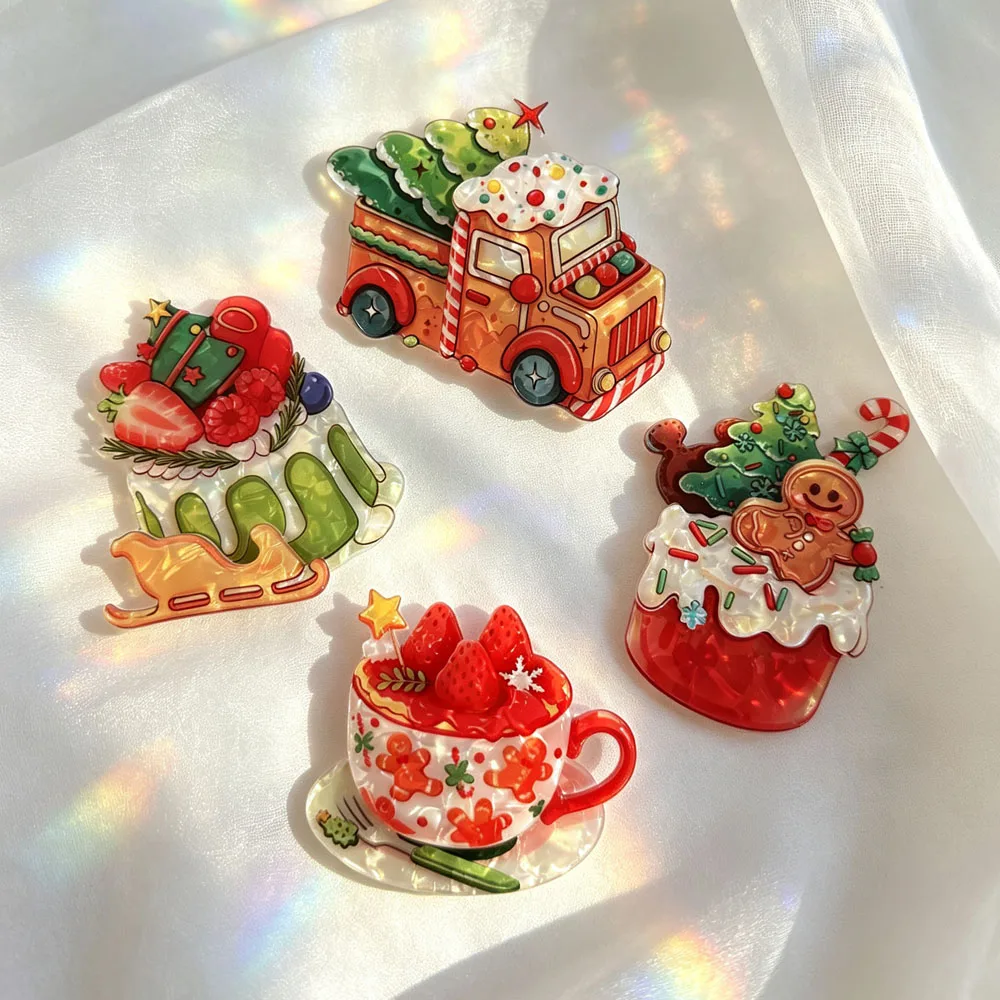 CINDY XIANG HD Printed Double Layer Acrylic Brooch, Cartoon Xmas Dessert Lapel Pin, Cake Truck Gingerbread Badge