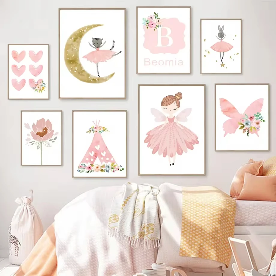 Pink Fairy Rabbit Cat Deer Tent Name Custom Wall Art Canvas Painting Nordic Posters and Prints Children's Room Decoration Mural