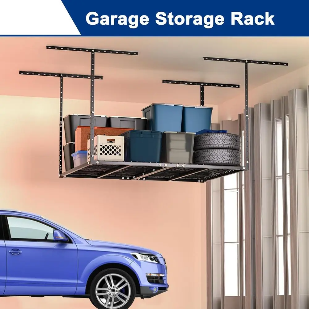 Heavy-Duty 3x4FT Adjustable Ceiling Storage Rack for Garage, 450lbs Capacity, Metal Organizer, Black