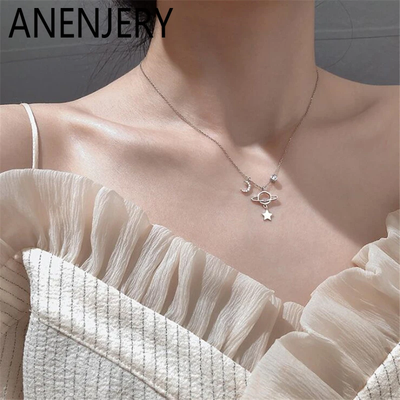 ANENJERY Stern-Mond-Planeten-Quastenanhänger-Halskette für Damen, modischer, schlichter Schmuck, Geschenke, Großhandel