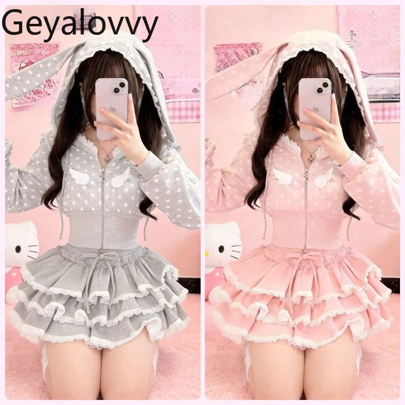 

Polka Dot Long Sleeve Hooded Cardigan Zipper Coat and High-waisted Mini Flared Skirt 2026 New Sweet Girly Two-piece Set