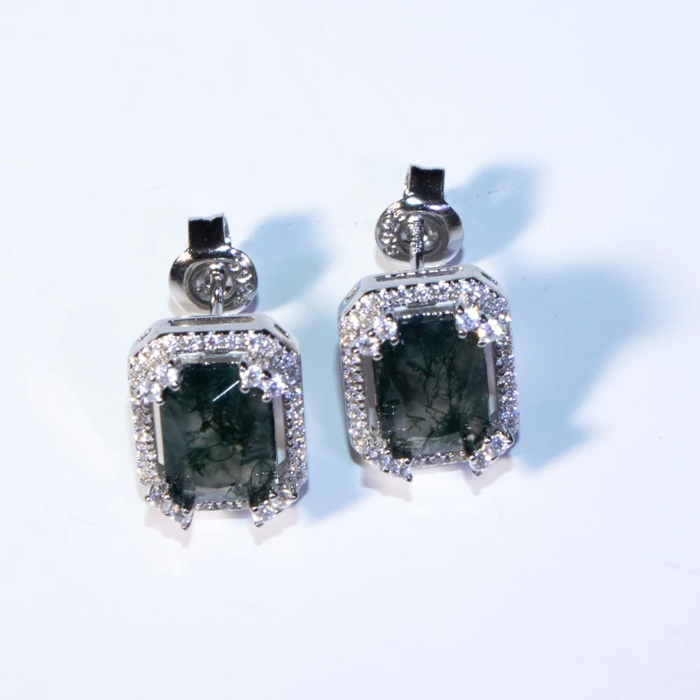 

Emerald Cut Earrings 925 Silver Unique Geometry Stud Earrings for Women Moss Agate Earrings