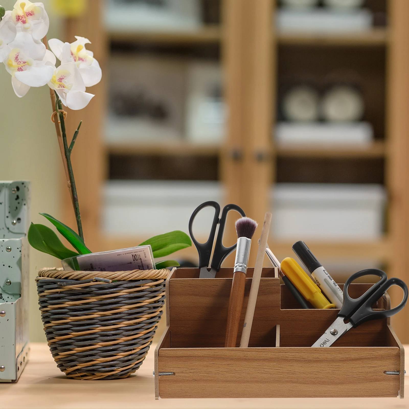 

Premium Wooden Desk Organizer Pen Holder Stationery Box Pencil Holder Office Supplies Inclined Makeup Brush Case Drawer Makeup