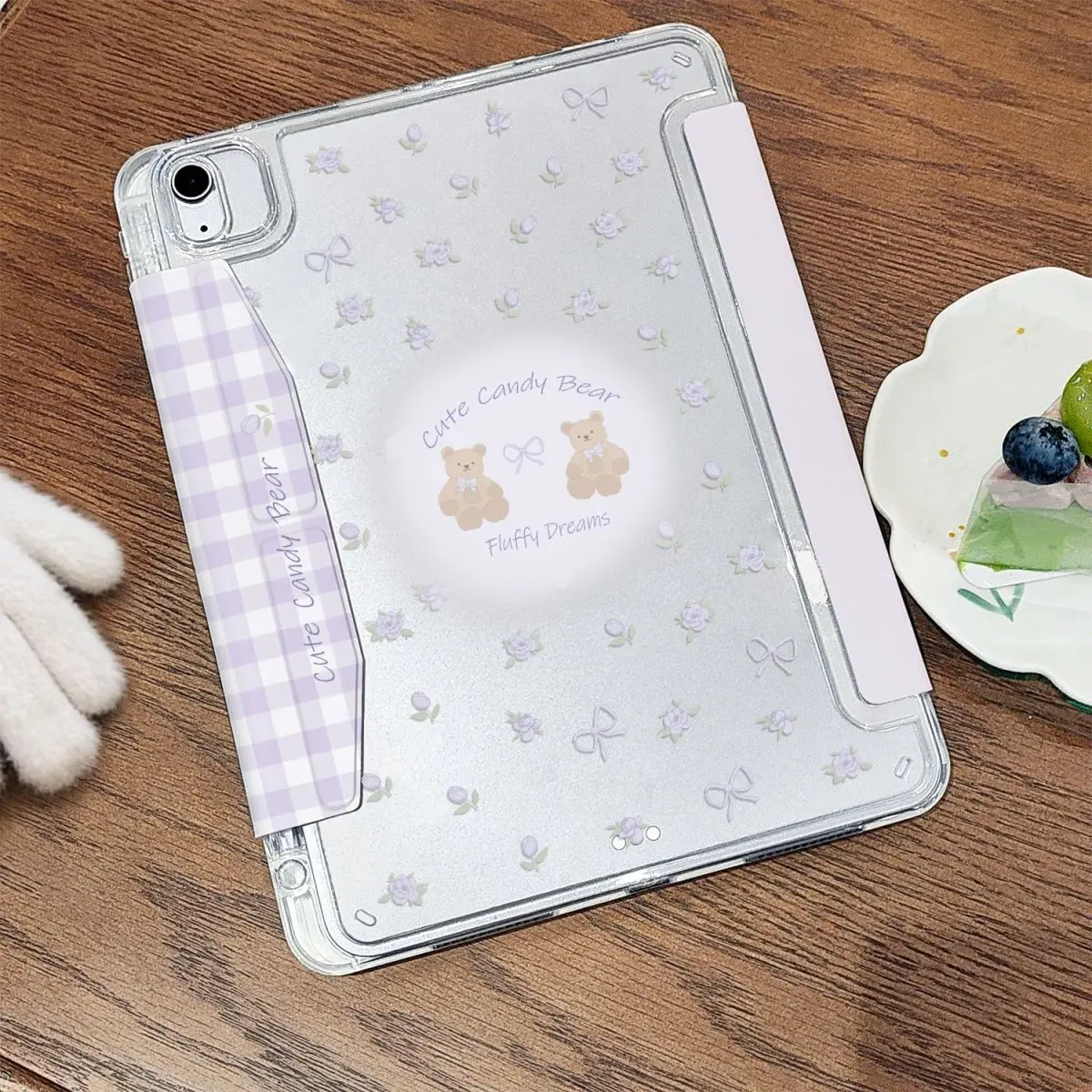 Cute Purple Bow Bear 3+YFold iPad Case For iPad Pro 11 13in 2025 iPad Pro 12.9in Air7 10th 11th M4/5 Buckle For Magsafe Cover
