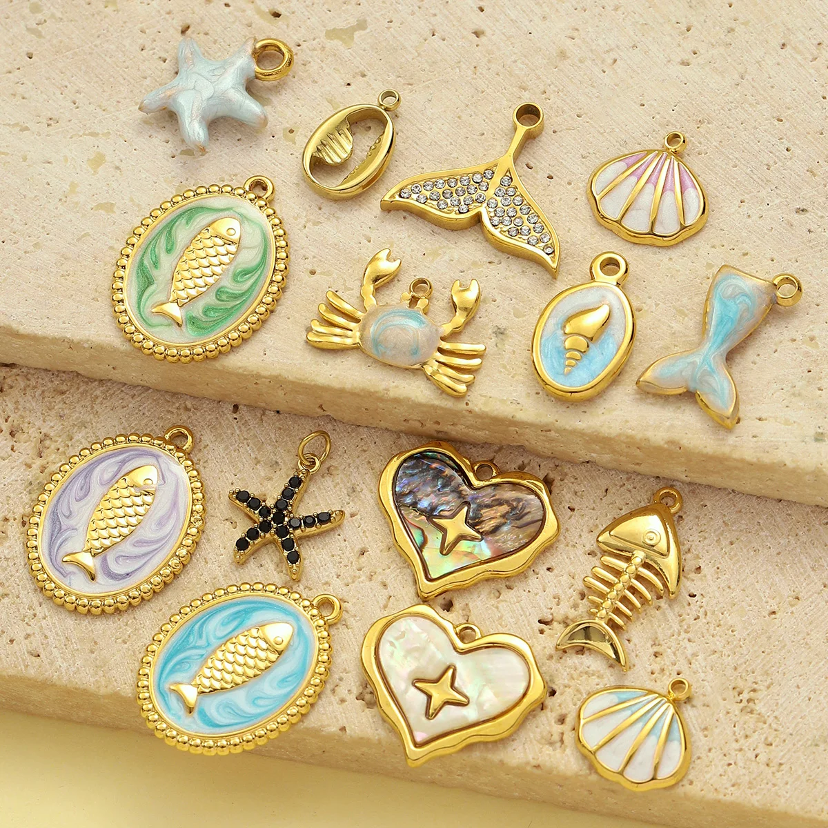 3pcs/Lot Stainless Steel Fish Bone Mermaid Tail Bracelet DIY Charms Women Shell Crab Conch Necklace Pendant Heart Love Jewelry
