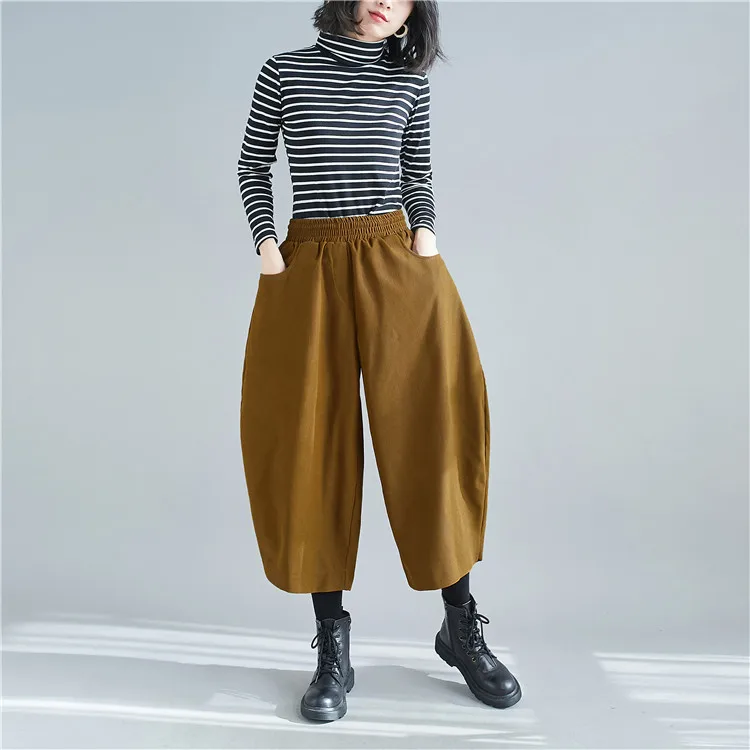 New 2026 Women's Solid Loose Casual Trousers Simple Elastic Waist Wide Leg Harem Pants Versatile Pockets Banana Pants Oversized