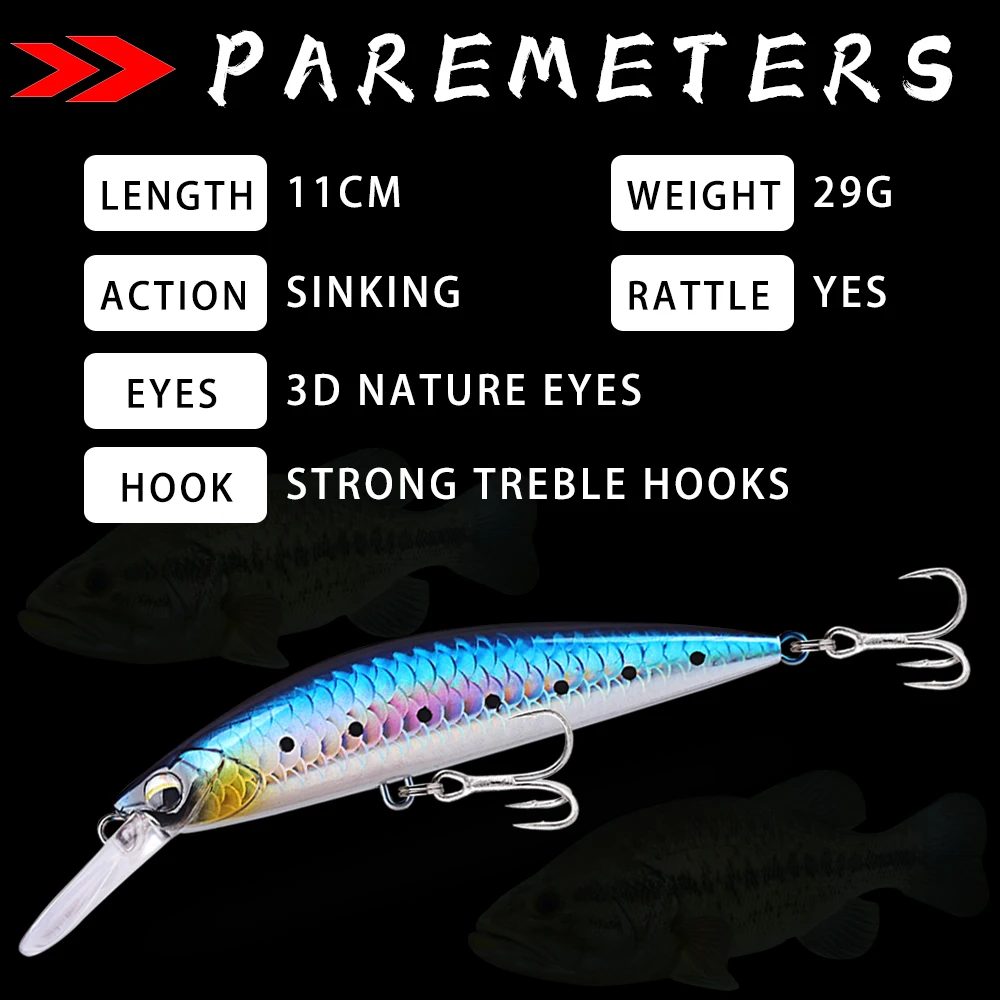 Dr.Holife 1PCS Long Casting Minnow 11CM 29G Artificial Bait Hard Plastic Seabass Fishing Lure Saltwater Sinking Jerk Bait Tackle