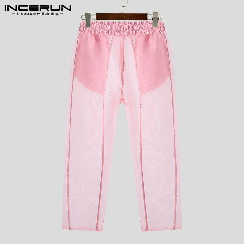 INCERUN-Pantalones largos de malla transparente para hombre, ropa de calle Sexy, con cintura elástica, de Color sólido, holgados e informales, a la moda, 2024