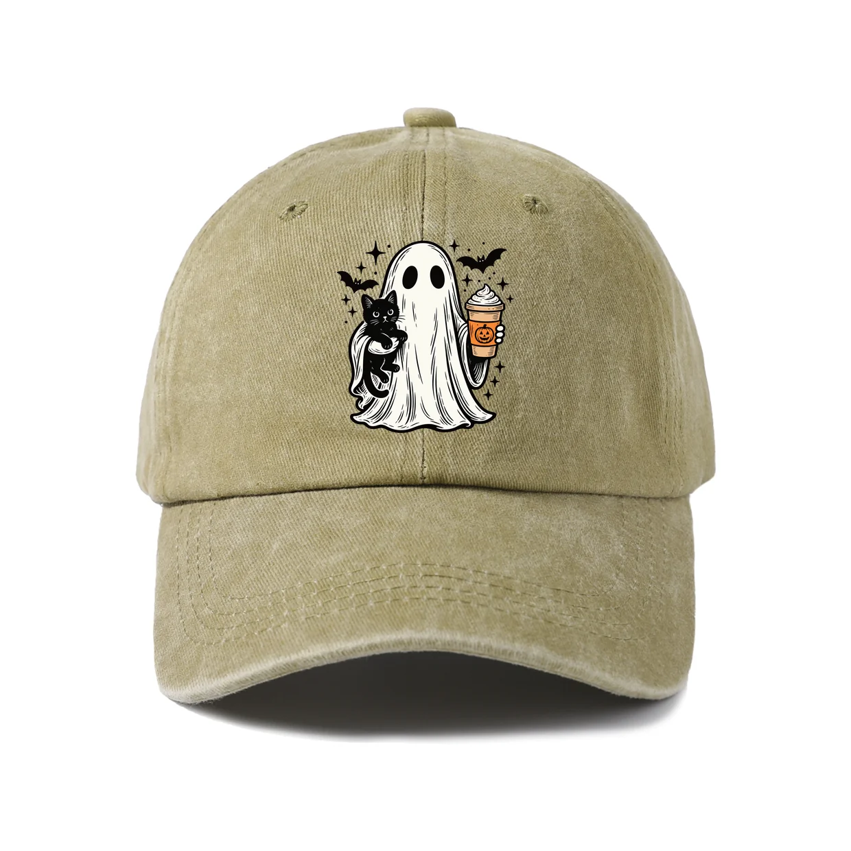 Vintage Washed Ghost Black Cat Coffee Graphic Baseball Cap, Adjustable Unisex Dad Hat, Halloween Gift