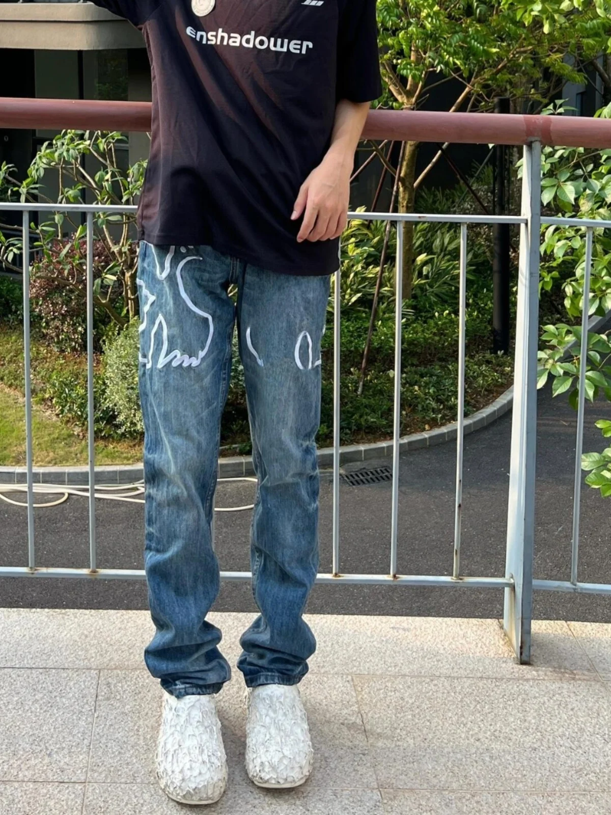 

Start Sle High Street Peace Embroidery Men's Trendy Straight Leg Jeans High Waist Denim Pants Hip Hop Straight Long Tr...