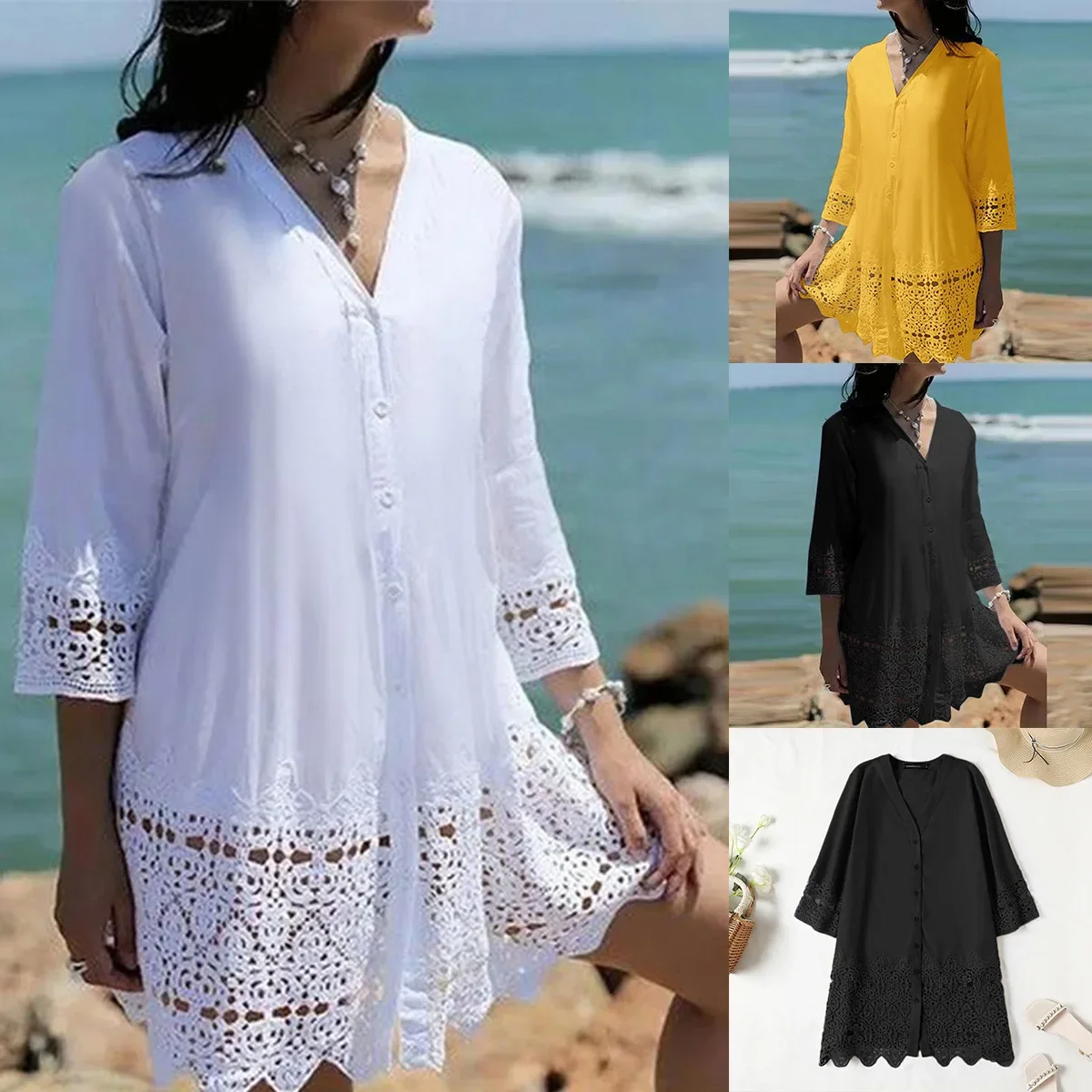 Women\'s S-3XL size Summer New Women\'s Shirt Dress European and American Sexy Hollow Lace Sun Protection Shirt Beach Dress