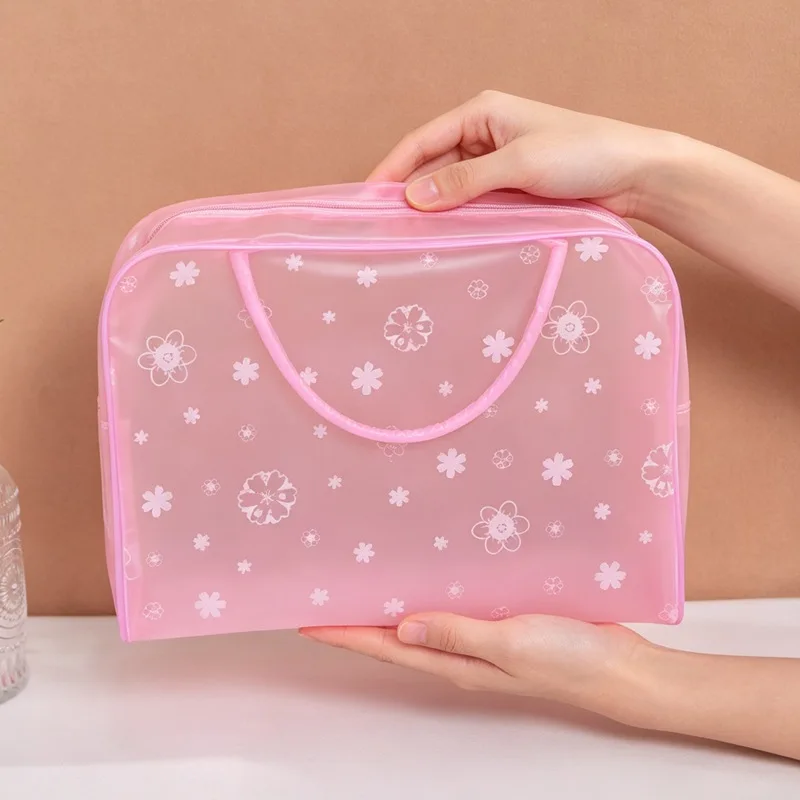 Flower Print PVC Makeup Bag Waterproof Transparent Cosmetic Bag Portable Handheld Travel Toiletry Pouch Organizer for Women