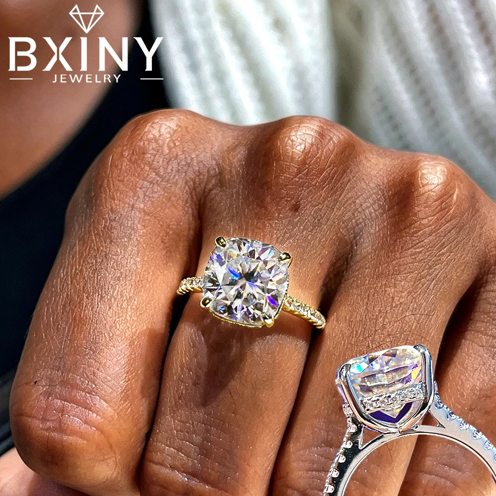 BXINY 5CT Cushion Cut Moissanite Ring 925 Sterling Silver Hidden Halo Diamond Wedding Band for Women Gifts Fine Jewelry With GRA