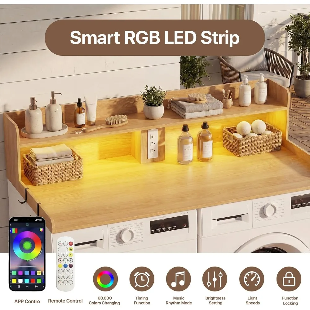 2-Tier Washer Dryer Countertop with Outlet & LED Lights, 27x54 Laundry Topper, Natural