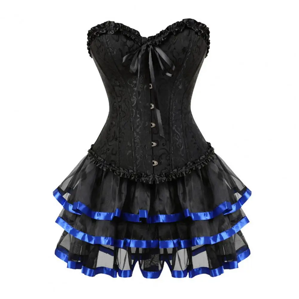 Victorian Vintage Cosplay Party Outfit, Women Floral Bustier Corset Top And Skirt Sexy Lace Up Babydoll Corset Skirt Set view 3