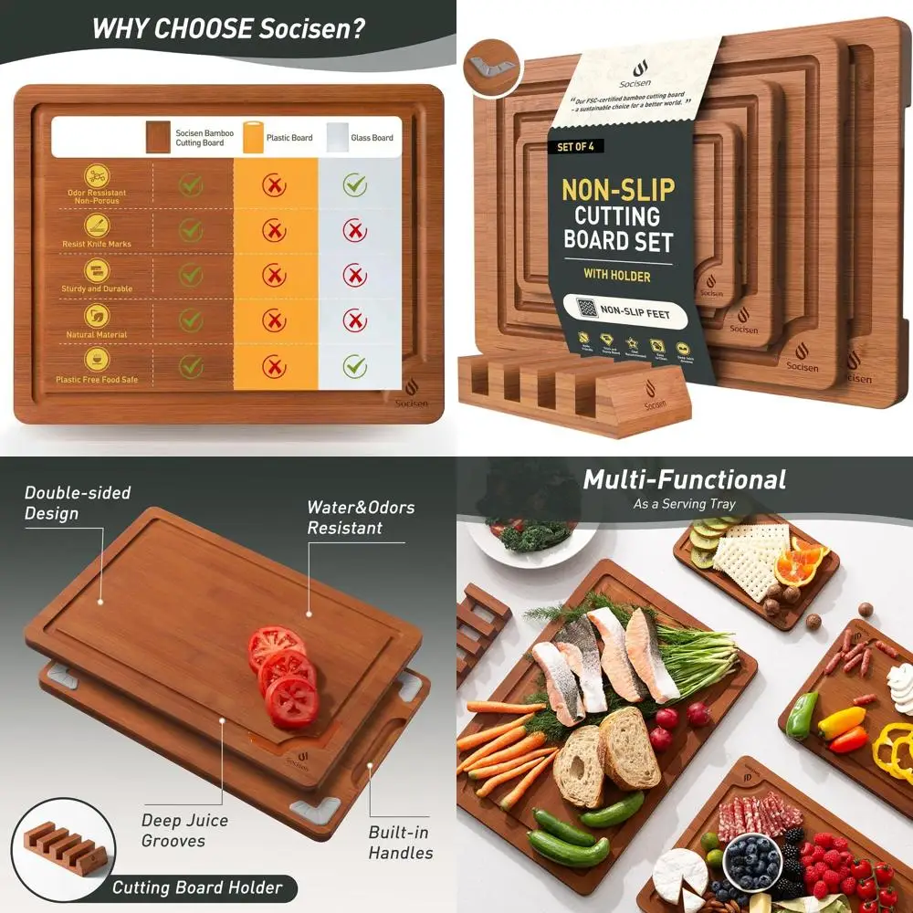 

Non-Slip Bamboo Cutting Board Set with Holder - Perfect Father's Day Gift for Dad, Papa, or Poppy