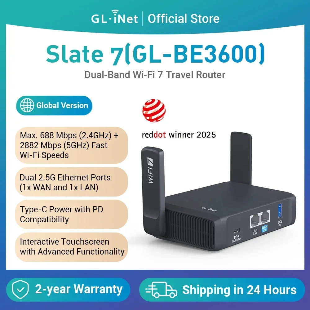 GL.iNet GL-BE3600 (لوحة 7) Enrutador Wi-Fi 7، puertos duales de 2,5 G، pantalla tactil، punto de acceso para juegos de3570 Mbps