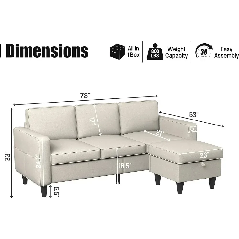 Convertible Sectional Sofa Couch,3-Seat L-Shaped Sofa With Reversible Storage Ottoman And Pockets, Sofa Furniture Sets,