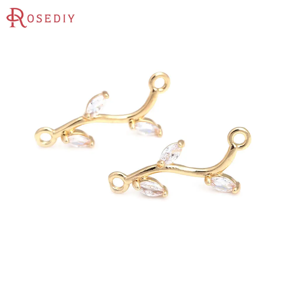 10PCS 18K Gold Color Brass and Zircon 2 Holes Tree Leaf Connect Charms Pendants Jewelry Making Earrings Accessories for Women