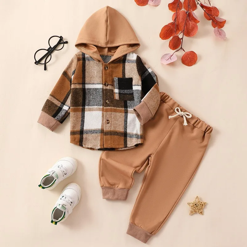 Autumn Baby Boy Formal Clothes Set Kid Girls Plaid Hoodies Jacket Coat and Pants 2pcs Suit Children Long Shirts Trouser Outfits