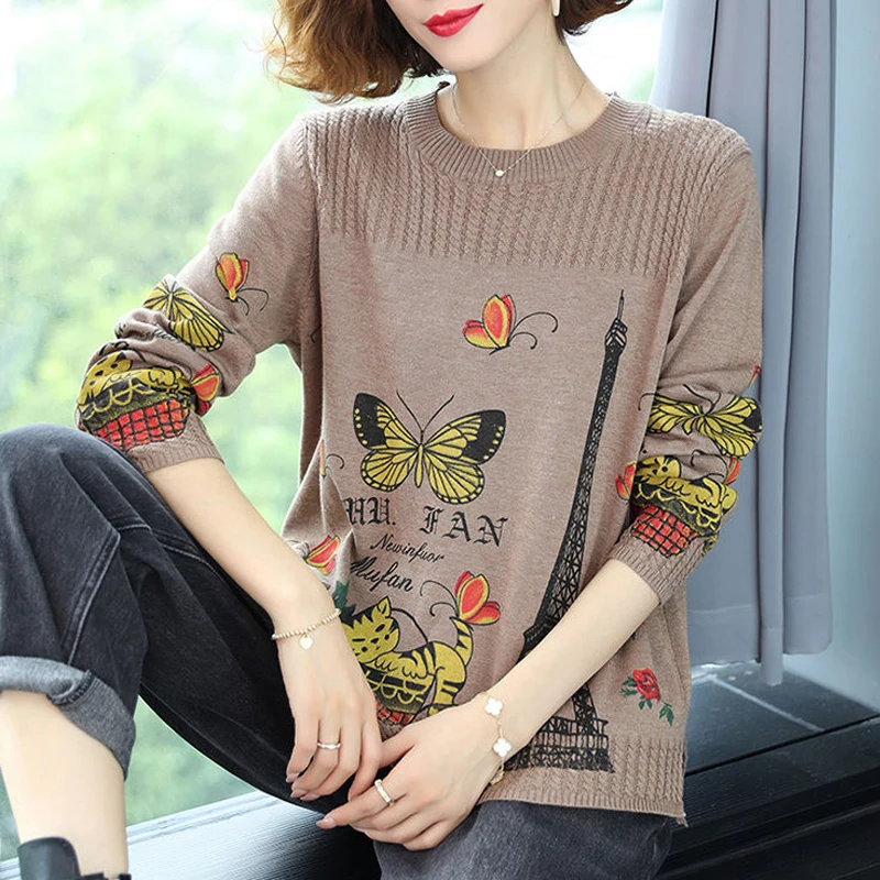 Women Korean Fashion Butterfly Print Vintage Basic Knitted Sweater Autumn Casual O Neck Long Sleeve Loose Pullover Tops Jumpers