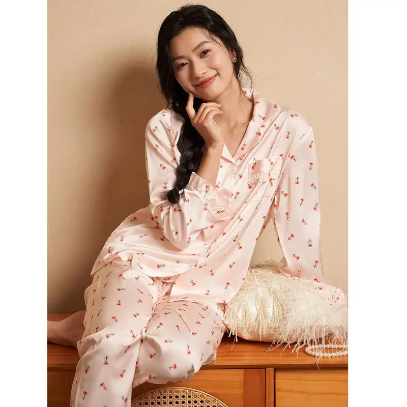 2024 Spring Summer New Ice Silk 2 Pieces Pajamas for Women Cardigan Ruffle Edge Pants Women\'s Pajamas Sweet Printing Loungewear