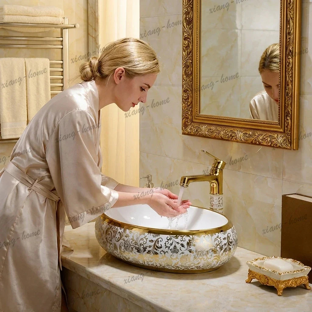 PG Modern Fashion Gold Oval Washbasin Nordic Creative Above Counter Basin Simple Bathroom Sink Household Bathroom Fixtures