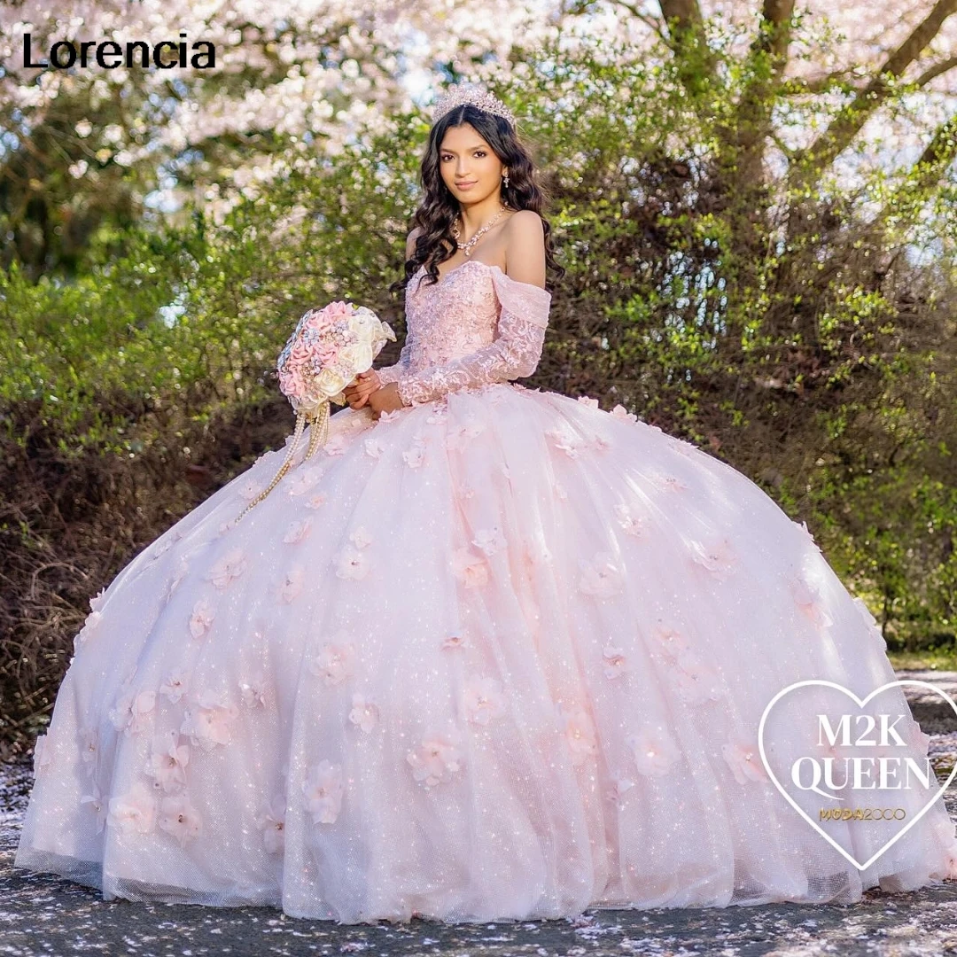 

Lorencia Princess Pink Long Sleeve Quinceanera Dress Ball Gown Lace Applique Beaded Mexican Sweet 16 Vestidos De 15 Años YQD876